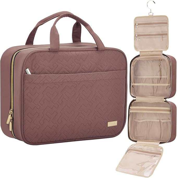 NISHEL Travel Toiletry Bag for women, Portable Hanging Organizer for Full-Sized Shampoo, Conditioner, Brushes Set, Makeup Accessories, Large Size, Rosewood-Pink