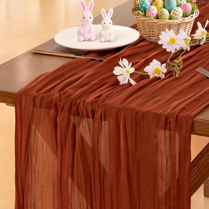 Socomi Terracotta Easter Spring Fall Cheesecloth Table Runner Boho Rustic Farmhouse Gauze 120 inch 10FT Cheese Cloth Runner for Wedding Party Baby Shower Birthday Home Decor Holiday Decorations