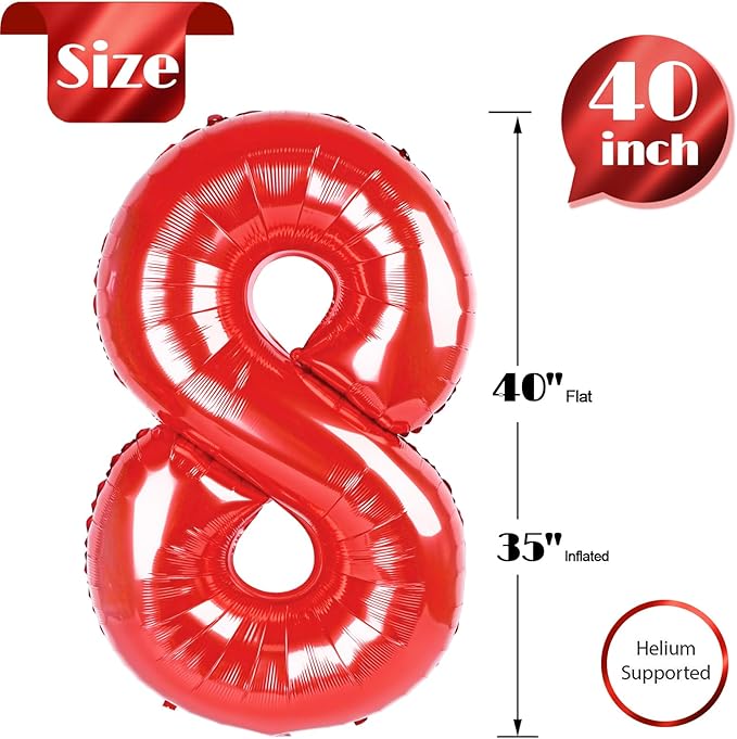 Red Number 8 Balloon 40 Inch, 8 Balloon Number, 8th Birthday Decorations, Red Party Supplies for Boys Girls