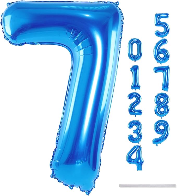 40" Blue Number 7 Balloon for Boys, Large Self Inflating Foil Number Balloons Set 0-9, Digital Helium 7 Balloons for Men 17th 70th Birthday Anniversary Graduation New Year Party Decorations Supplies