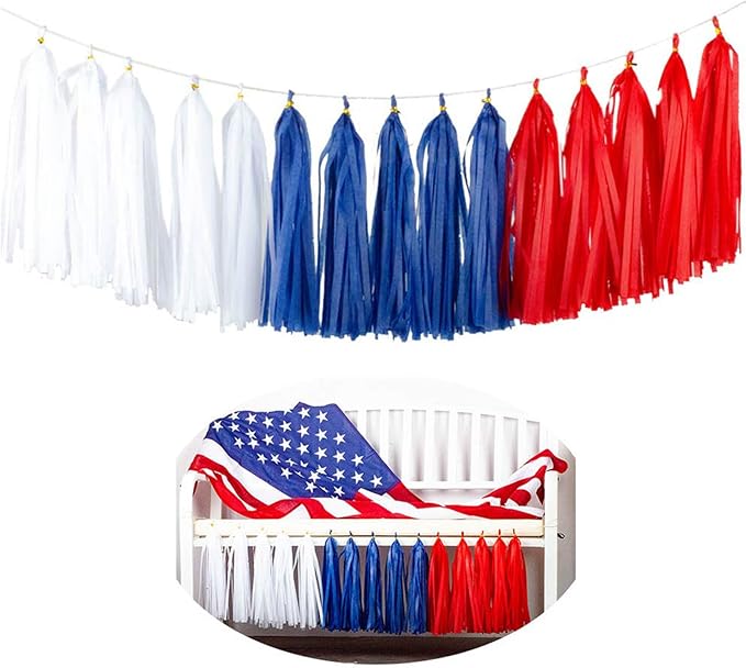 Aimto 15pcs Red Blue White Tassel Garland Banner Tissue Paper Tassels for 4th/Fourth of July Patriotic Decorations