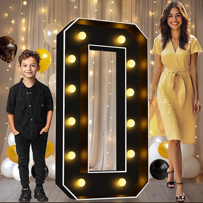 Pooqla 4 FT Marquee Light Up Letters, Black Marquee Letter Lights 4 Feet Tall for Birthday Decoration, Big Mosaic Letters Sign for Balloons Party Anniversary Wedding Decorations, Giant Warm White O