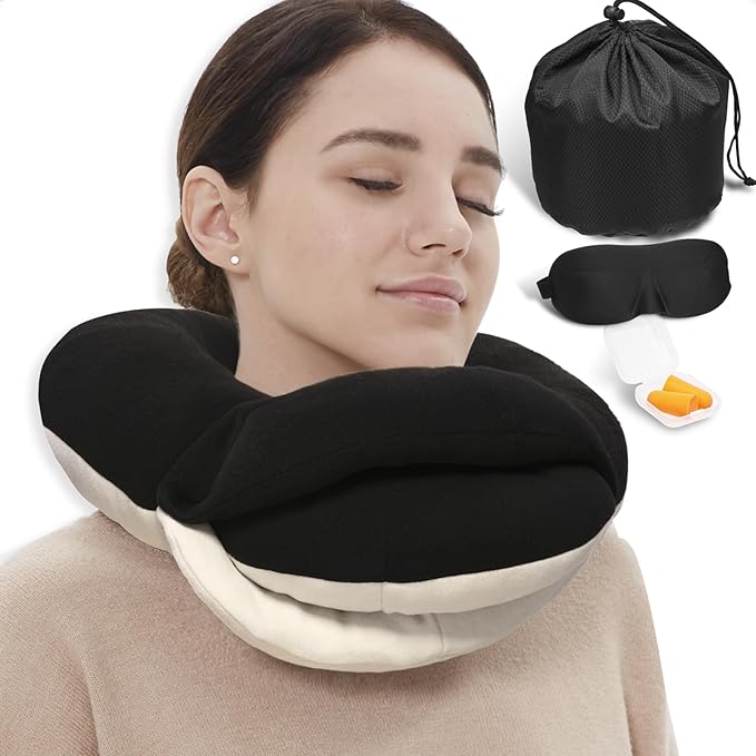 BUYUE Travel Neck Pillows for Airplanes, 360° Head Support Sleep for Long Flight, Skin-Friendly & Breathable, Kit with 3D Contoured Eye Mask, Earplugs and Storage Bag (Adult, Black, 90+ lbs)