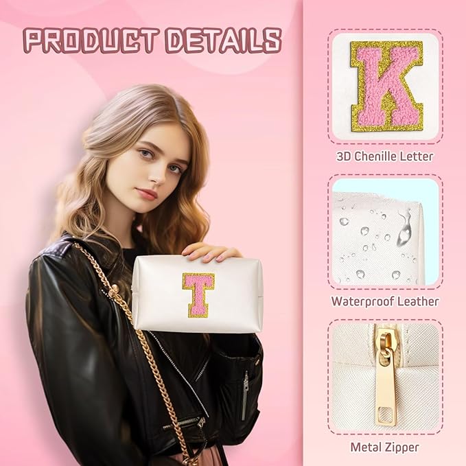 TOPEAST Initial Makeup Bag for Travel, Chenille Letter Pouch Cosmetic Bag, PU Leather Waterproof Toiletry Bag, Personalized Gifts for Bride Bridesmaids, Cute Things for Girls (Pearly White Q)