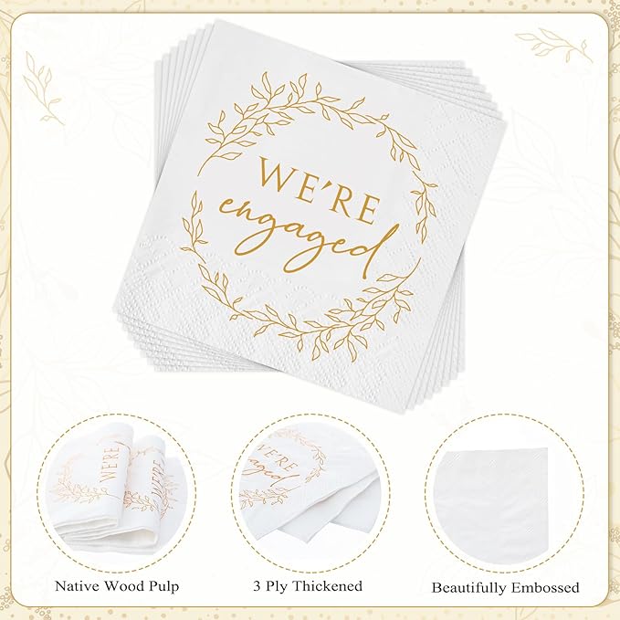 Kosiz 200 Pack We're Engaged Napkins Gift 3 Ply Disposable Paper Engagement Cocktail Napkins for Wedding Party Beverage Dinners Cake Tableware Decorations, 4.5 x 4.5 Inch