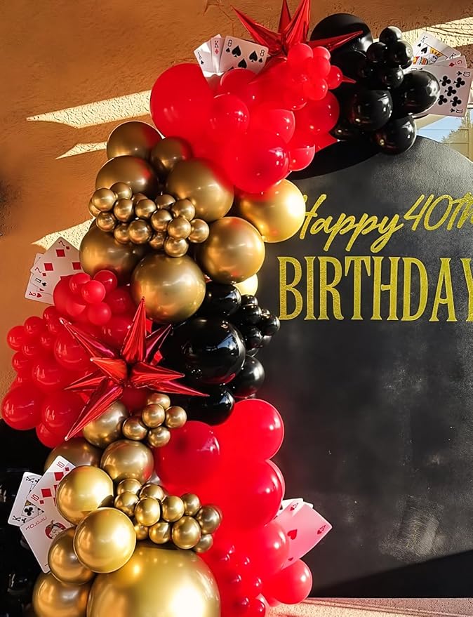 Red Black and Gold Balloons Arch Garland Kit – 131Pcs Latex Balloons with Foil Starburst Balloons for Birthday Hollywood Casino Movie Night New Year Party Decor