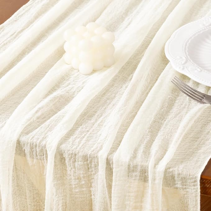 Socomi 6pcs Ivory White Cheesecloth Table Runner Valentine's Day Gauze 120 Inch Rustic Boho Cheese Cloth Runner for Wedding Party Baby Bridal Shower Centerpiece Decoration Holiday Home Decorations