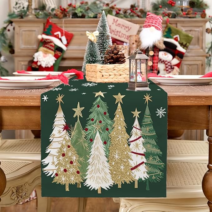 GEEORY Christmas Table Runner 13x108 Inch, Xmas Trees Snowflakes Holiday Decorative Farmhouse Table Decoration for Kitchen Dinning, Indoor Outdoor Dinner Party Decor (Green) GT152-108