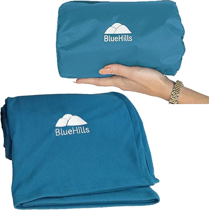 BlueHills Ultra Compact Travel Blanket in Portable Case Premium Soft Large Airplane Blanket Flight Essentials for Car Plane Train Hotel Layover Peacock Teal C004