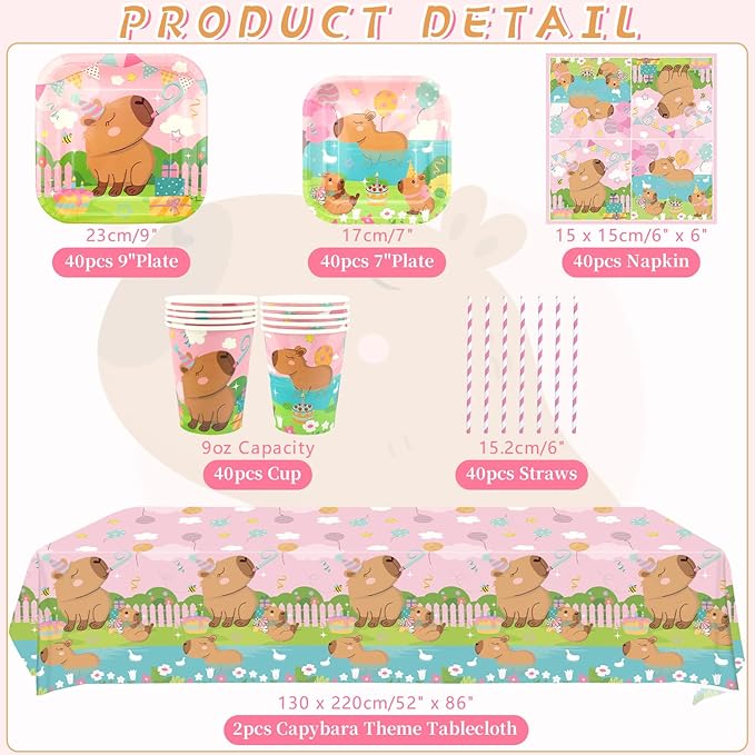 Pink Capybara Party Decoration - Capybara Birthday Party Tableware Supplies Includes Plates, Cups, Napkins, Tablecloth, Straws (40)