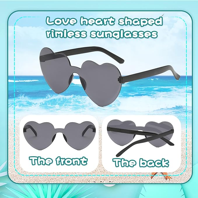 20 Pack Heart Sunglasses for Women Candy Transparent Rimless Bulk Heart Shaped Glasses for Bachelorette Party Favors