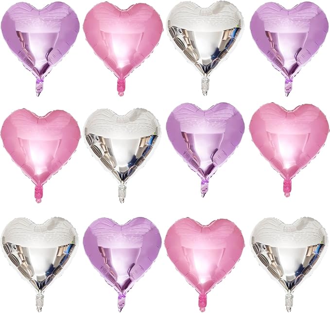 Pink Heart Shaped balloons Pack of 12,18 Inch Silver Love Valentine Balloons Purple Heart Romantic Balloons For Valentines Day Propose Marriage Wedding Bridal Shower Engagement Party Decorations