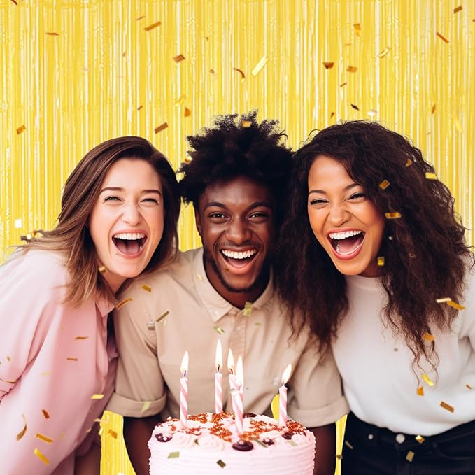 3 Pack Foil Fringe Backdrop - Pastel Yellow Shiny Tinsel Curtains for Party Decoration/Photo Booth Props - 3.3x8.2 FT Metallic Foil Backdrop for Birthday, Wedding, Graduation, Christmas.