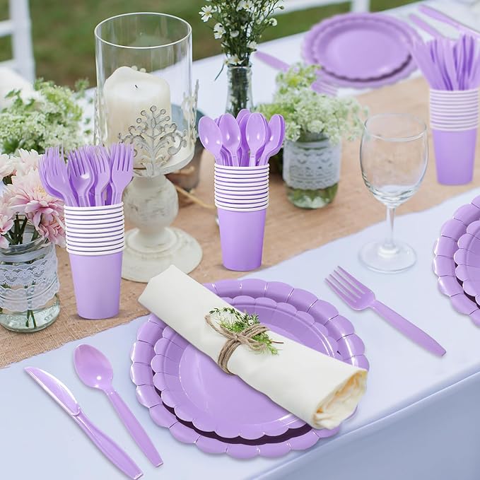350 Pcs Lavender Paper Plates and Napkins, Easter Plates Light Purple Party Supplies Include Light Purple Scalloped Plate Napkins Cups Plastic Spoon Fork Knive for Baby Shower, Wedding, Birthday