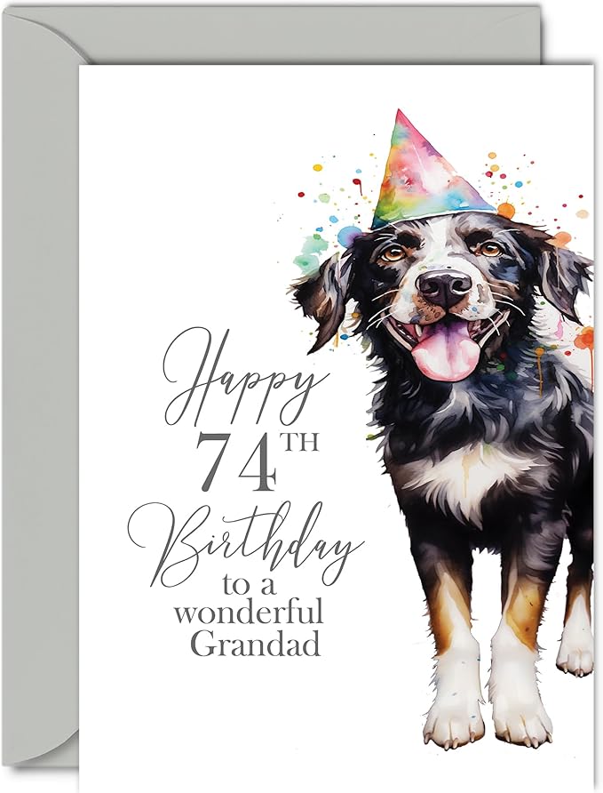74th Birthday Cards for Grandpa - Party Dog - Happy Birthday Card for 74 Year Old Grandpa from Grandson Granddaughter, A5 Bday Men Man Him Greeting Cards Gift for Grandpa Birthday Gifts