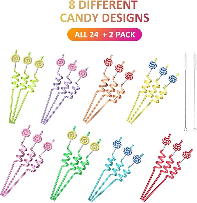 Candyland Party Supplies Drinking Plastic Straws Reusable 24 for Kids Sweet Candy Lollipop Birthday Party Favors with 2 Cleaning brush