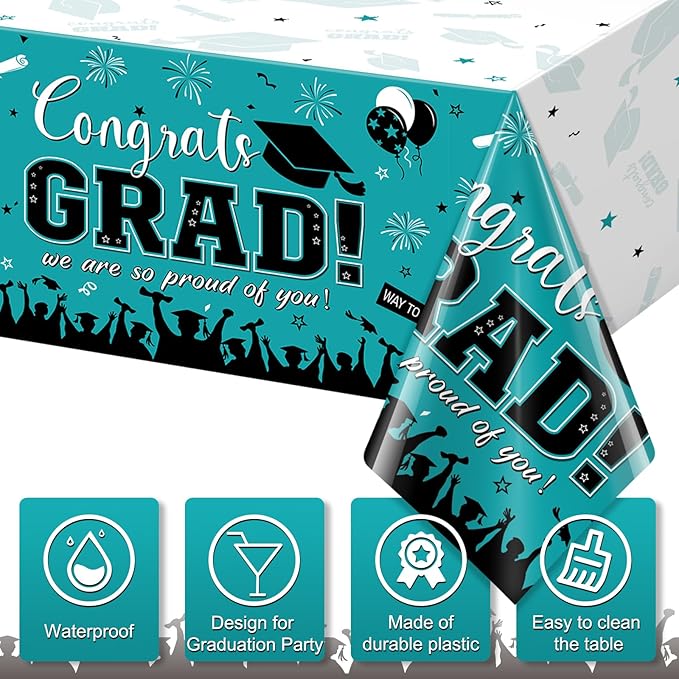 3 Pack Graduation Tablecloth Party Decorations, Class of 2026 Congrats Grad Plastic Tablecover Party Supplies, Teal Rectangle Graduation Table Decorations for College High School, 54 x 108 Inch