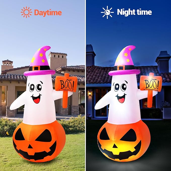 BOHON 5Ft Halloween Inflatables Decorations Outdoor Cute Pumpkin Ghost with Witch Hat Built-in Led Lights Blow Up Yard Decor Inflatable Clearance for Indoor Outside Home Holiday Party Lawn Garden