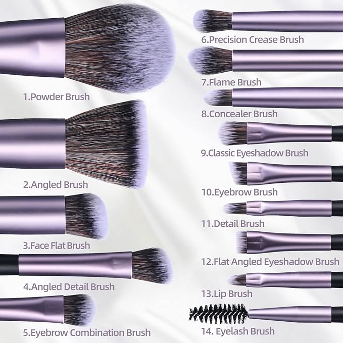 BS-MALL 14 Pcs Makeup Brushes Set with 1 Pcs Makeup Sponge – Essential Foundation Powder Concealers, Eye Shadows, Blush Makeup Brushes with Travel Makeup Case (Purple)
