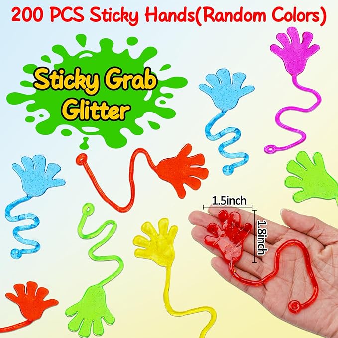 200PCS Glitter Sticky Hands Party Favors for Kids 4-8 8-12 Birthday Supplies Easter Egg Fillers Goodie Bag Stuffers Classroom Treasure Box Toys Carnival Prizes Mini Bulk Treat Trinkets Pinata Stuff