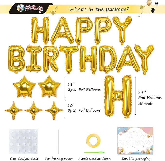 23pcs Birthday Balloons Banner, 3D Gold Premium Mylar Foil Ecofriendly Letter Happy Birthday Banner with 5pcs Star Balloons Kits for Kids Girls Boys Men Adults Birthday Party Decorations Supplies