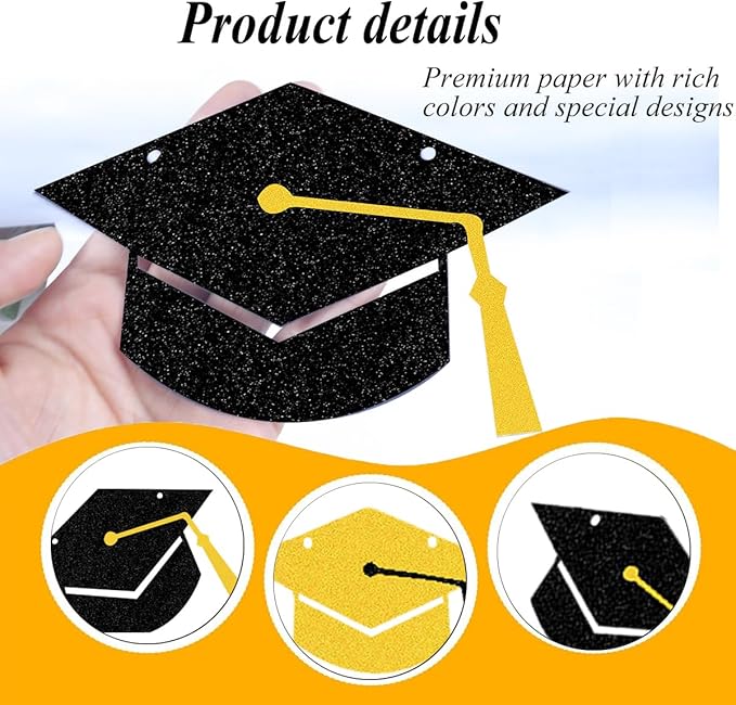 Graduation Decorations Class of 2026 Black Grad Banner Glitter Pre-strung Graduation Cap Banner for 2026 Congrats Grad Decor Party Supplies