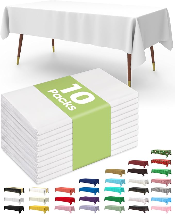 Pureegg Plastic Table Cloth 10 Pack, 54 x 108 Inch Disposable Table Cloths for Party, Picnic and Wedding, Rectangle, White
