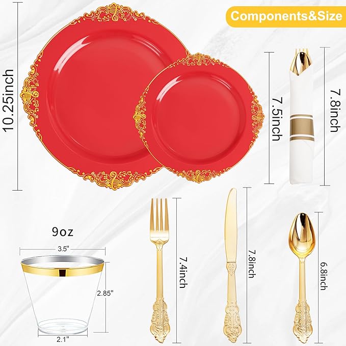 Nervure 350PCS Red Plastic Plates - Red Gold Plastic Dinnerware Sets for 50 Guests - 100 Gold Disposable Plates, 50 Pre Rolled Silverware Sets, 50 Cups Perfect for Wedding & Party
