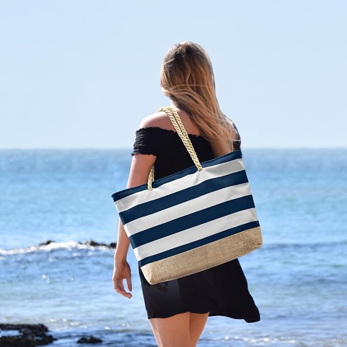 Becokan Beach Bags for Women Large Canvas Beach Tote Bag Beach Bags Waterproof Sandproof Swim Pool Bag Travel Essentials