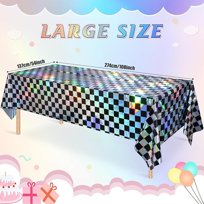 6Pack Black and Iridescent Checkered Plastic Tablecloth, Shiny Disposable Laser Rectangle Table Covers, Holographic Foil Tablecloth Iridescent Party Decorations for Picnic Camping Race Car, 54x108Inch