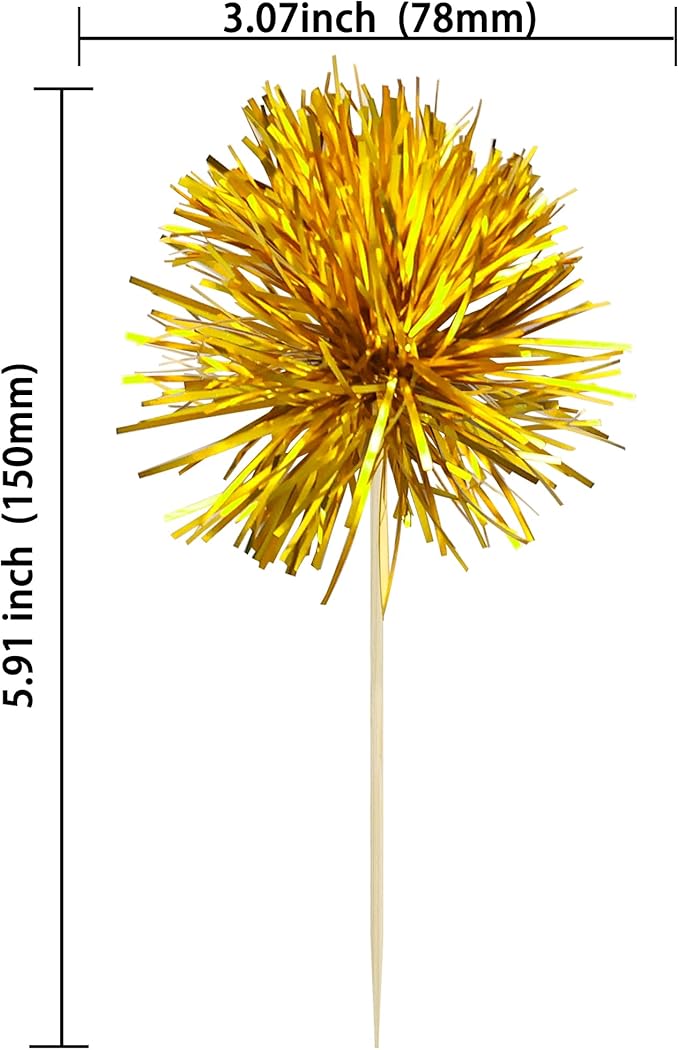Gyufise 30Pcs Foil Firework Cupcake Toppers Sparkle Tinsel Cake Toppers Tinsel Drink Cake Decoration Cocktail Picks for Birthday Wedding Graduation Party Supplies Dark Gold