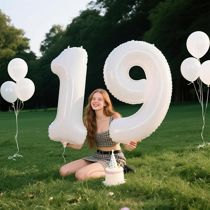 40 Inch White Number 19 Digital Balloon,Jumbo Mylar Foil Helium Balloon for 19 Balloons for Birthday Party,Wedding Anniversary Party Decorations