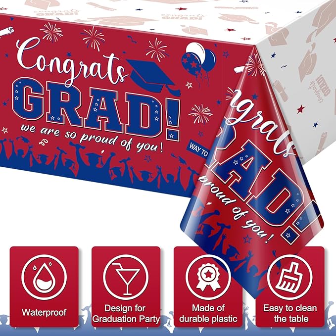 6 Pack Graduation Tablecloth Party Decorations, Class of 2026 Congrats Grad Plastic Tablecover Party Supplies, Red and Blue Rectangle Graduation Table Decor for College High School Party, 54 x 108Inch