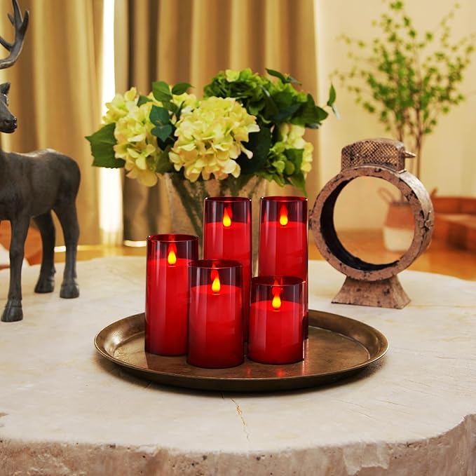 Homemory Christmas Red Flickering Flameless Candles, Battery Operated Acrylic LED Pillar Candles with Remote Control and Timer, Set of 5