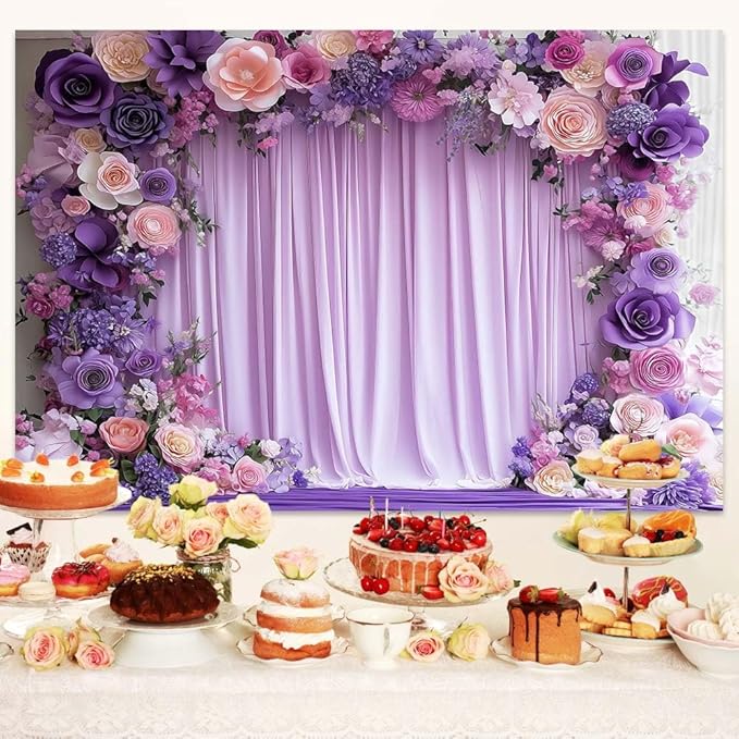10X6.5ft Purple Flower Wall Background Photography Lavender Backdrop for Parties Wedding, Girls Birthday Princess Weeding Bridal Shower Purple Floral Anniversary Ceremony Decor.