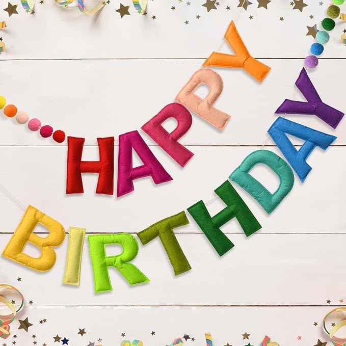 LOLStar Happy Birthday Banner Felt Ball Garland Colorful Dainty Pre-Strung Rainbow Birthday Banner Reusable Happy Birthday Sign Photo Booth Props Primary Color Birthday Party Decoration for Kids Girls