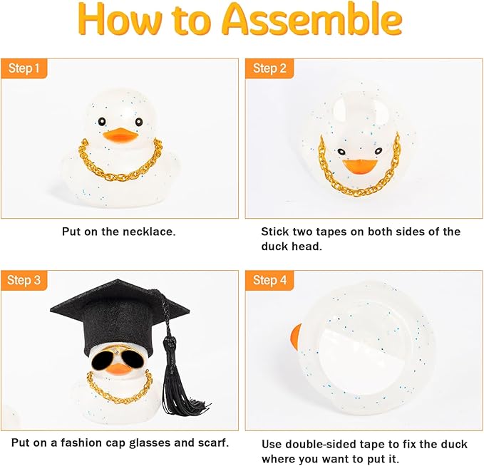 wonuu Car Dashboard Decor Graduation Hat Color Rubber Duck, Car Ducks Ornaments with Mini Graduation Hat Necklace Sunglasses (Dark Blue)