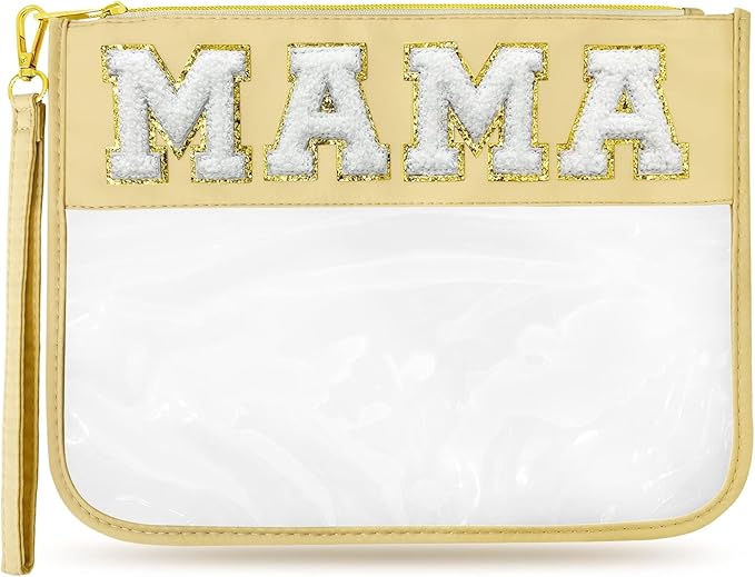 Chenille Letter Clear Travel Zipper Pouch Nylon Makeup Bag, Preppy Makeup Bag Clear Cosmetic Toiletry Bag, Water-proof Makeup Travel Pouch Snack Bags for Women (Beige-MAMA)