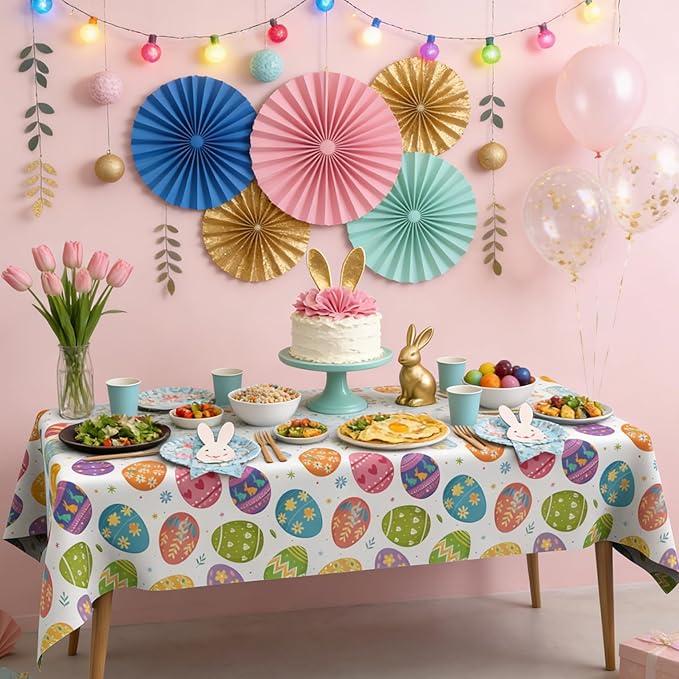 Easter Tablecloth, 8 Pack Colorful Easter Eggs Table Cloth, 54x108 Inch Plastic Disposable Rectangle Spring Table Cover for Easters Tables Decorations Outdoor Picnic Home Kitchen Dinner Party Supplies