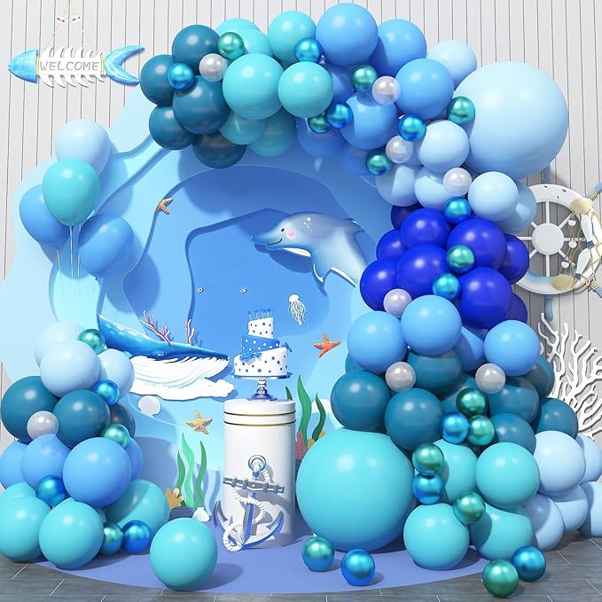 GRESAHOM Blue Balloons Arch Kit, Slate Teal Blue Royal Blue Turquoise Balloons Garland Kit, Ocean Theme Birthday Party Decorations, Under The Sea Balloon Arch for Boys Baby Shower Party Supplies