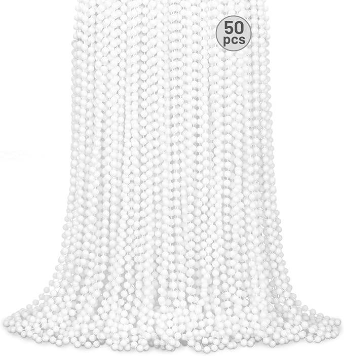 SHAOQINLIN 50 PCS White Bead Necklaces, 33" White Mardi Gras Beads, Christmas Necklace, 4th of July Necklace, Parade Throws Accessories for Christmas Independence Day New Year Party Favors