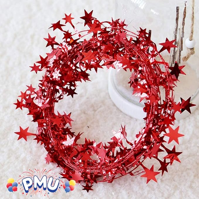 PMU 75 Ft Star Wire Shiny Garland Red - Halloween, Christmas Party, Wedding, Birthday, Festive Home Decoration Ornament Red (3pc-25Ft Each)