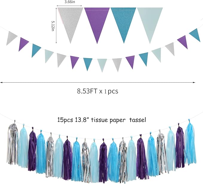 Purple-Blue Silver Frozen Christmas Party-Decorations - 30pcs Tissue Pom Poms Streamers,Winter Girl Birthday New Year Tassel Garland Banner,Wonderland Mermaid Baby Shower Wedding Supplies Decor Bunting Lasting Surprise