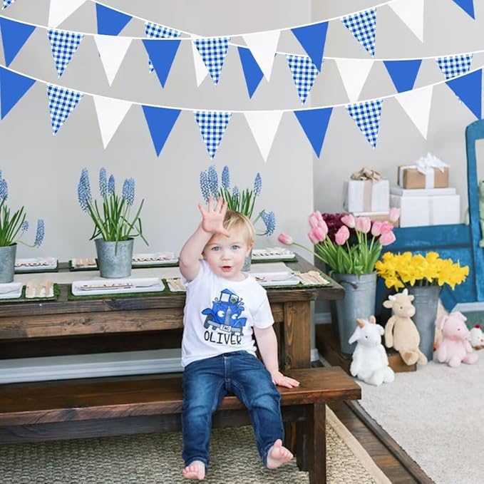 32Ft Deep Blue Party Decorations Blue Buffalo Plaid Checkered White Triangle Flag Gingham Pennant Bunting Fabric Garland for Picnic Racing Car BBQ Birthday Wedding Outdoor Garden Oktoberfest Decor