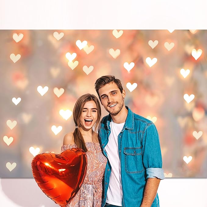 Romantic Happy Anniversary Backdrop Banner Gold Heart Light Decorations for Couples Date Night Wedding Engagement Birthday Party Photo Booth Background 8x6ft (96×72inch