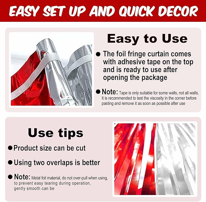 3 Pack Red and Silver Foil Fringe Curtains Backdrop, 3.28 x 8.2 Ft Metallic Streamers Tinsel Curtains Background for Photo Booth, Birthday, Halloween, Christmas, New Year Party Decorations