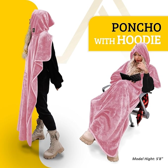 Travel Blanket Airplane Compact with Hoodie – 2in1 Airplane Travel Accessories from Plane Blanket to Travel Pillow with Luggage Strap, Soft Handle & Secure Pocket (Light Pink, 62x41'')