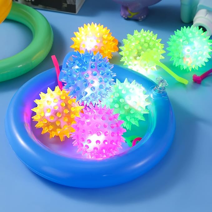 Sotiff 150 Pcs Light up Ball Spiky LED Bouncy Ball Flashing Squeaky Multicolor Puffer Toy Rubber Sensory Toy Carnival Prizes Bulk Party Favors for Teens, Adults, Children