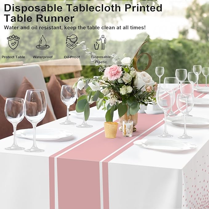 6 Pack White and Rose Gold Tablecloth Party Decorations Plastic White Tablecloth Printed Rose Gold Table Runner 54 x108 Inch Disposable Rectangle Table Cover for Birthday Wedding Graduation
