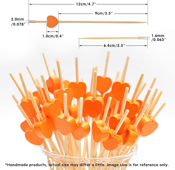 Minisland Orange Love Heart Cocktail Picks, 4.7 Inch Long Bamboo Fancy Toothpicks for Appetizers, Fall Thanksgiving Valentines Wedding Party Food Drinks Garnish Fruit Skewer Sticks 100 Counts -MSL440